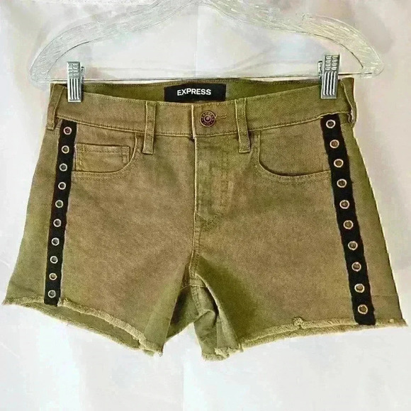 Express Olive Brown Mid Rise Shortie, Soft Stretch Denim, Size 2 - Picture 1 of 8